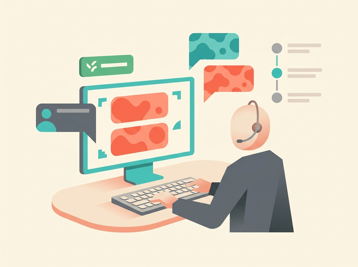 Support agent wearing a headset at a desk with abstract suggested-reply shapes floating near an abstract message icon on the screen.