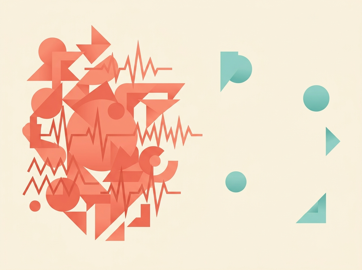 Illustration contrasting a dense cluster of abstract alert symbols with a clearer area showing fewer symbols after noise reduction.
