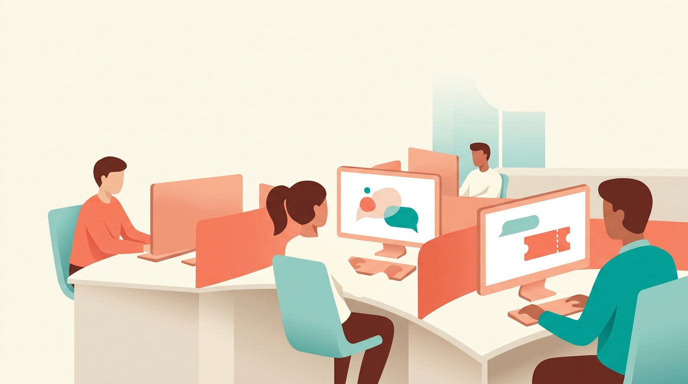 Three support representatives at curved desks looking at screens displaying abstract chat-bubble icons in a calm office environment.