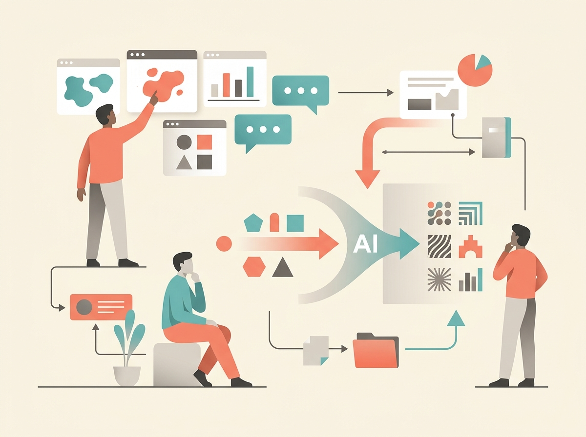 Illustration of The basic idea: support work is full of language using abstract business and technology symbols.
