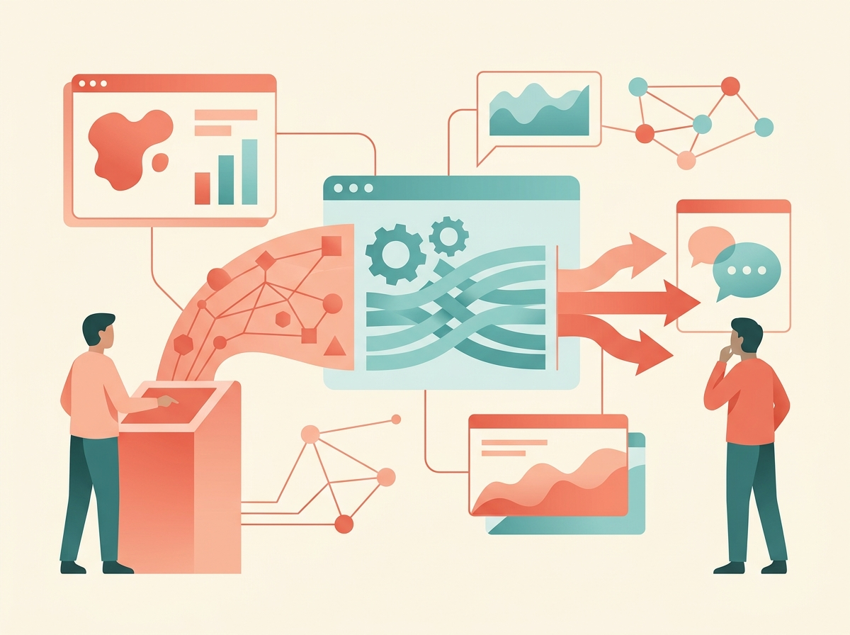 Illustration of Core concepts: AI, machine learning, analytics, and business intelligence using abstract business and technology symbols.