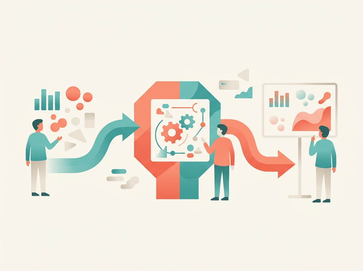 Illustration of How AI is being used in data mining and analytics using abstract business and technology symbols.