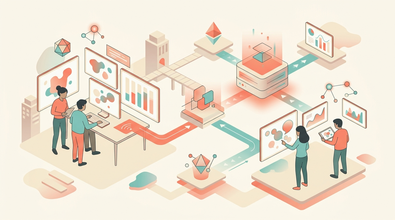 Illustration introducing AI Tools in Digital Marketing with abstract business and technology elements.