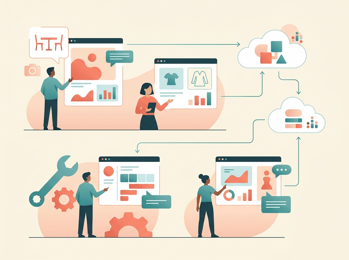 Illustration of How AI use differs by business size using abstract business and technology symbols.
