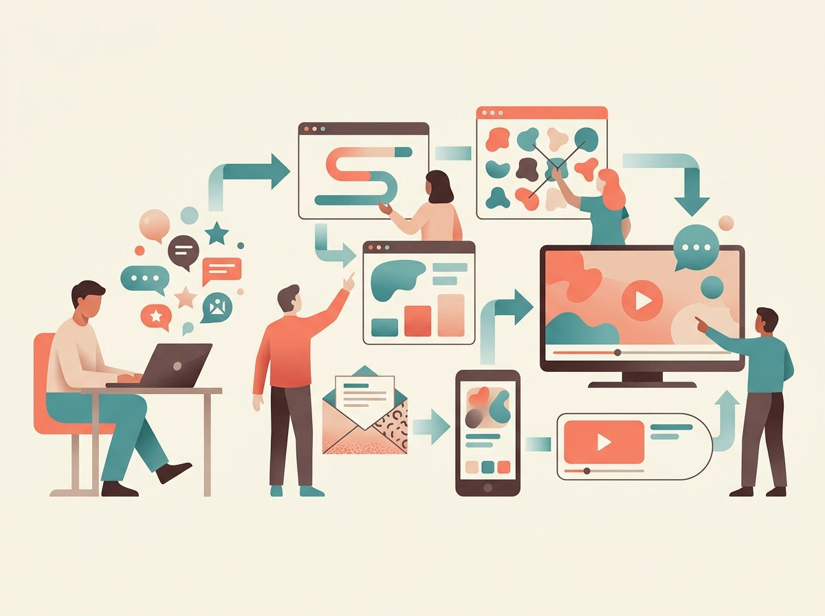 Illustration of What “digital marketing” means using abstract business and technology symbols.