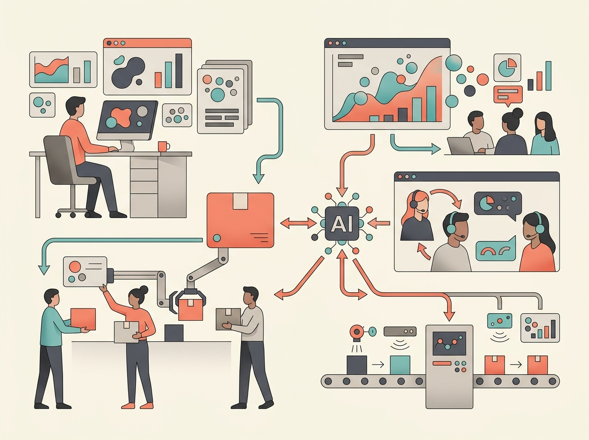 Illustration of Where AI is actually being used using abstract business and technology symbols.