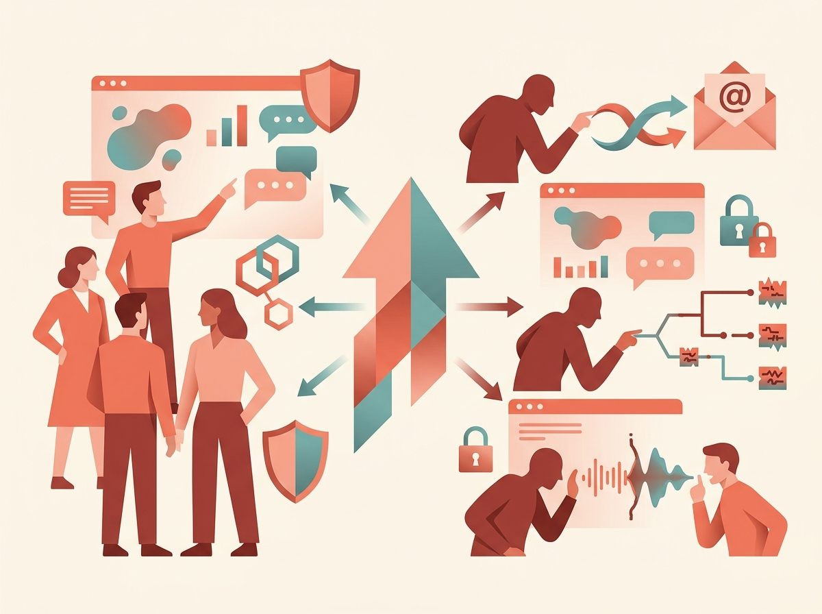 Illustration of Attackers use AI too using abstract business and technology symbols.