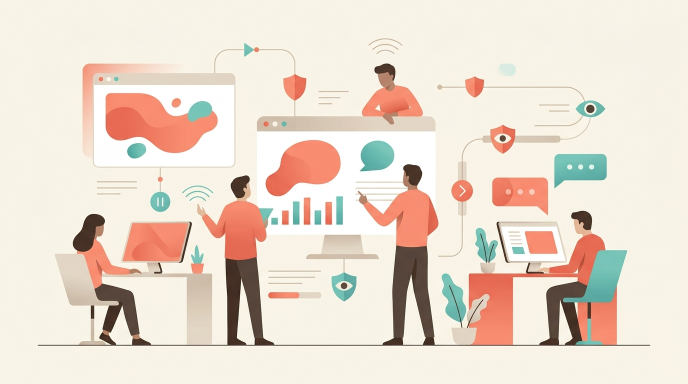 Illustration introducing AI Tools in Fraud Detection and Cybersecurity with abstract business and technology elements.