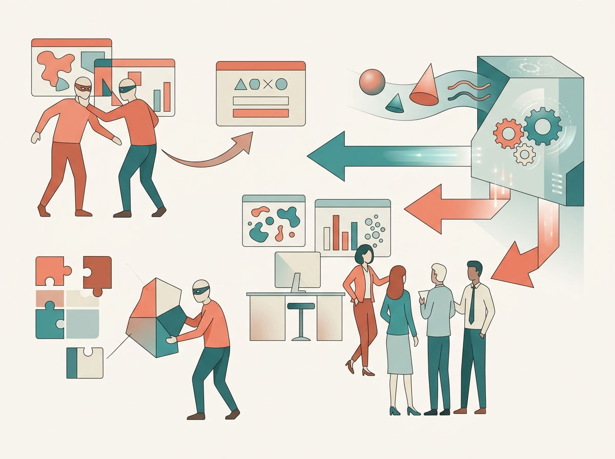 Illustration of How AI is used for account security and identity checks using abstract business and technology symbols.