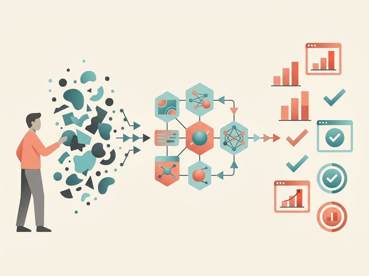 Illustration of The basic idea: AI turns messy activity into risk signals using abstract business and technology symbols.