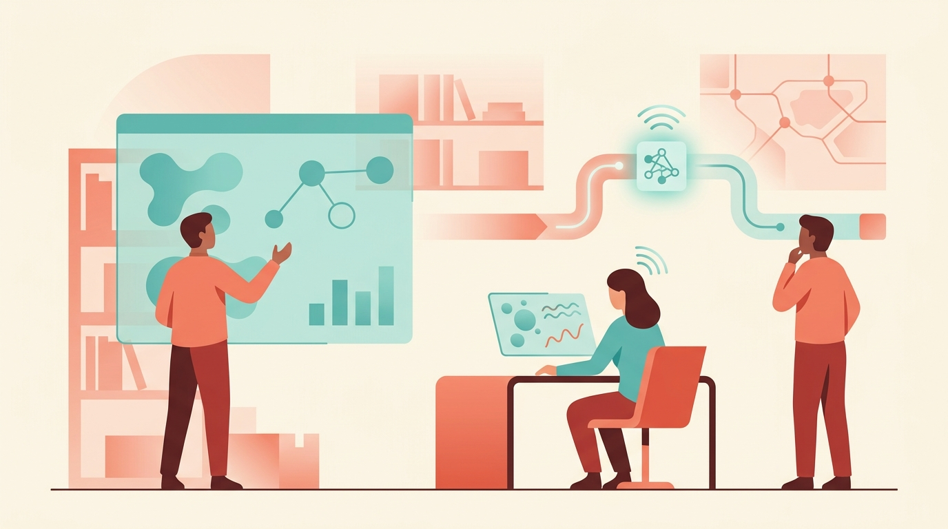 Illustration introducing AI in Supply Chain Management and Logistics with abstract business and technology elements.