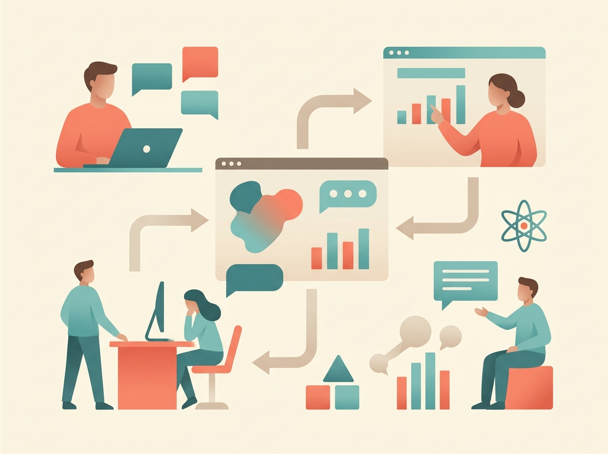 Illustration of The basic AI terms students need using abstract business and technology symbols.