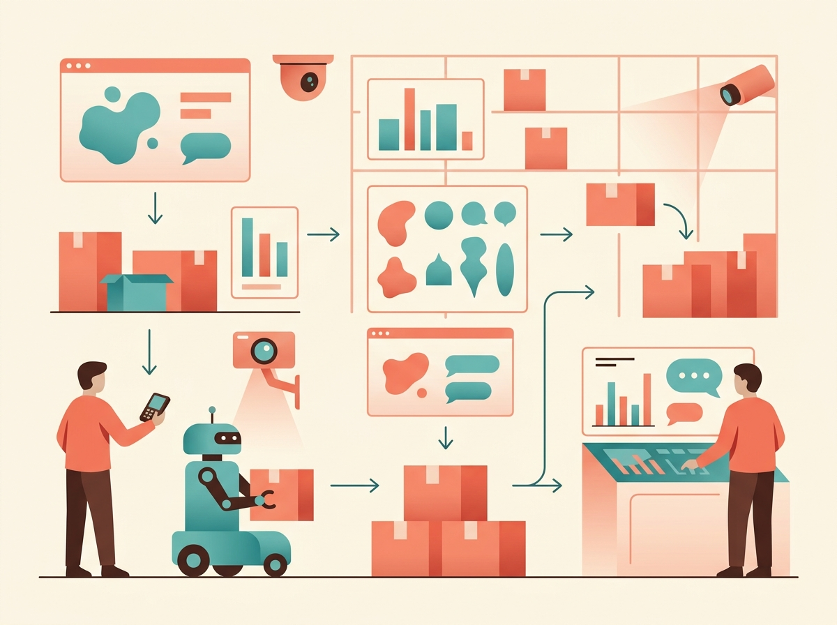 Illustration of Warehouses and fulfillment: robots, cameras, and task assignment using abstract business and technology symbols.
