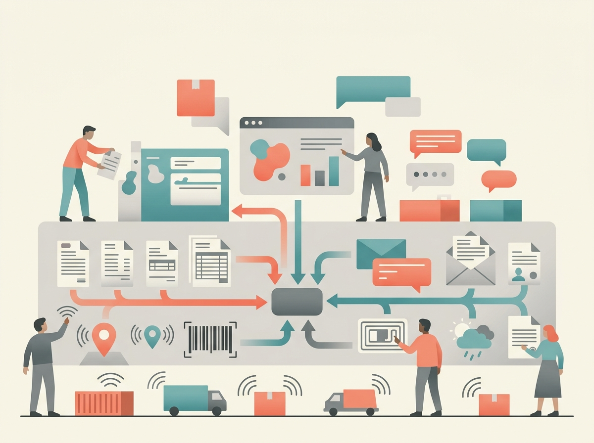 Illustration of What the technology stack looks like using abstract business and technology symbols.