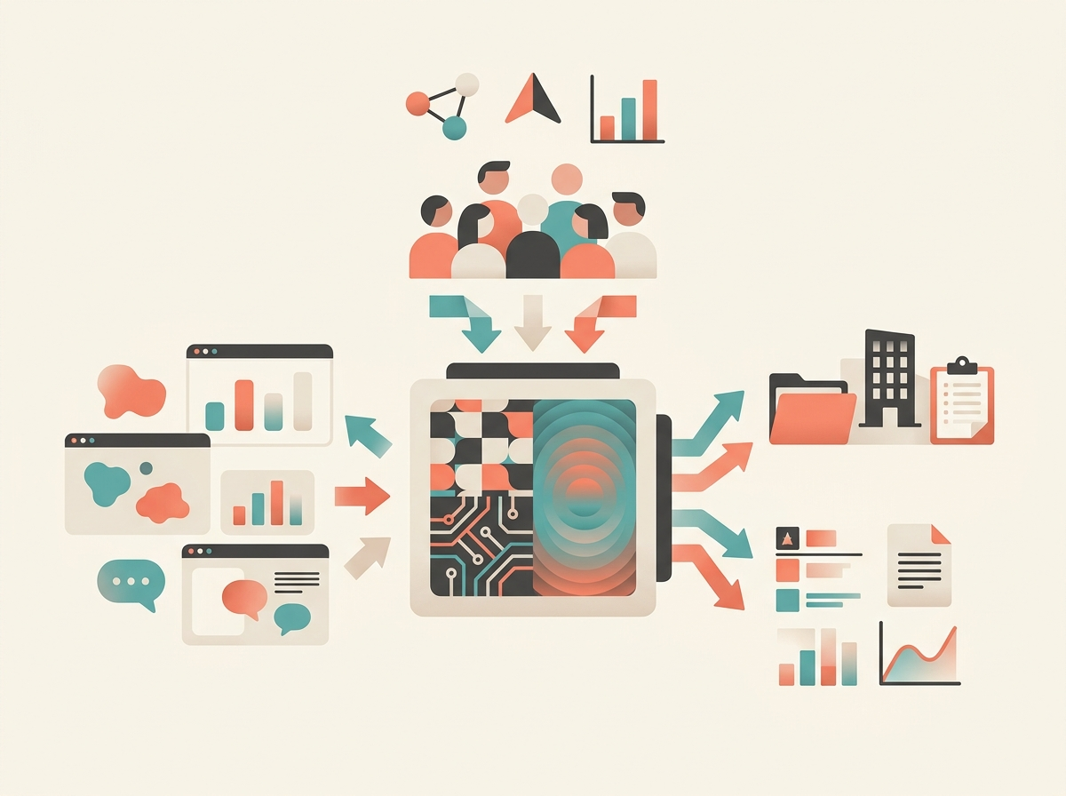 Illustration of Basic Concepts: What “AI in HR” Means using abstract business and technology symbols.