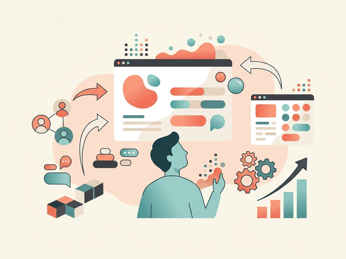 Illustration of Learning, Development, and Skills using abstract business and technology symbols.