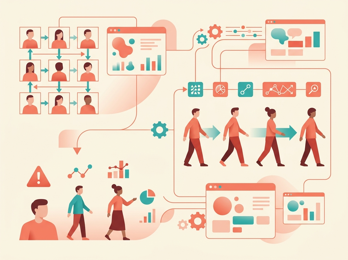 Illustration of Scheduling, Monitoring, and Algorithmic Management using abstract business and technology symbols.