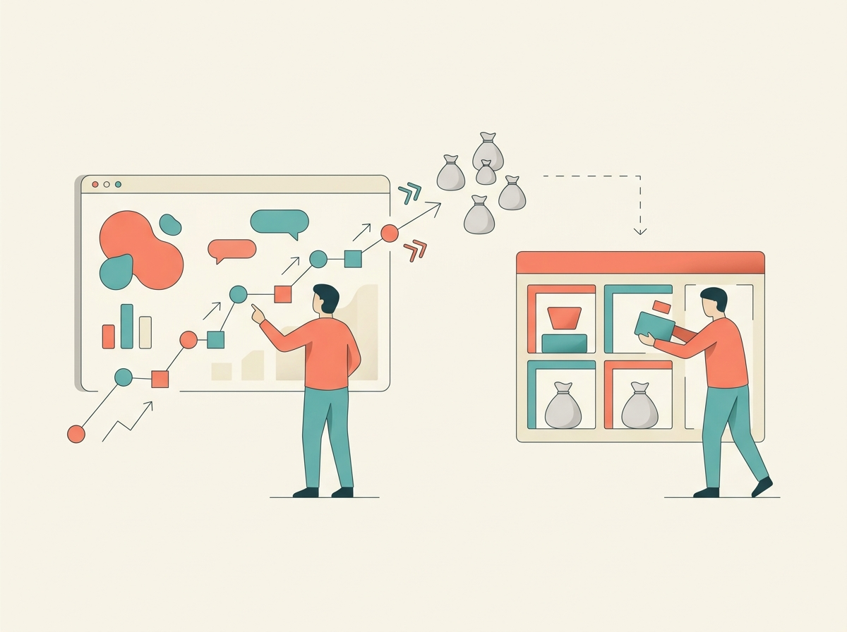 Illustration of What financial forecasting and budgeting mean using abstract business and technology symbols.