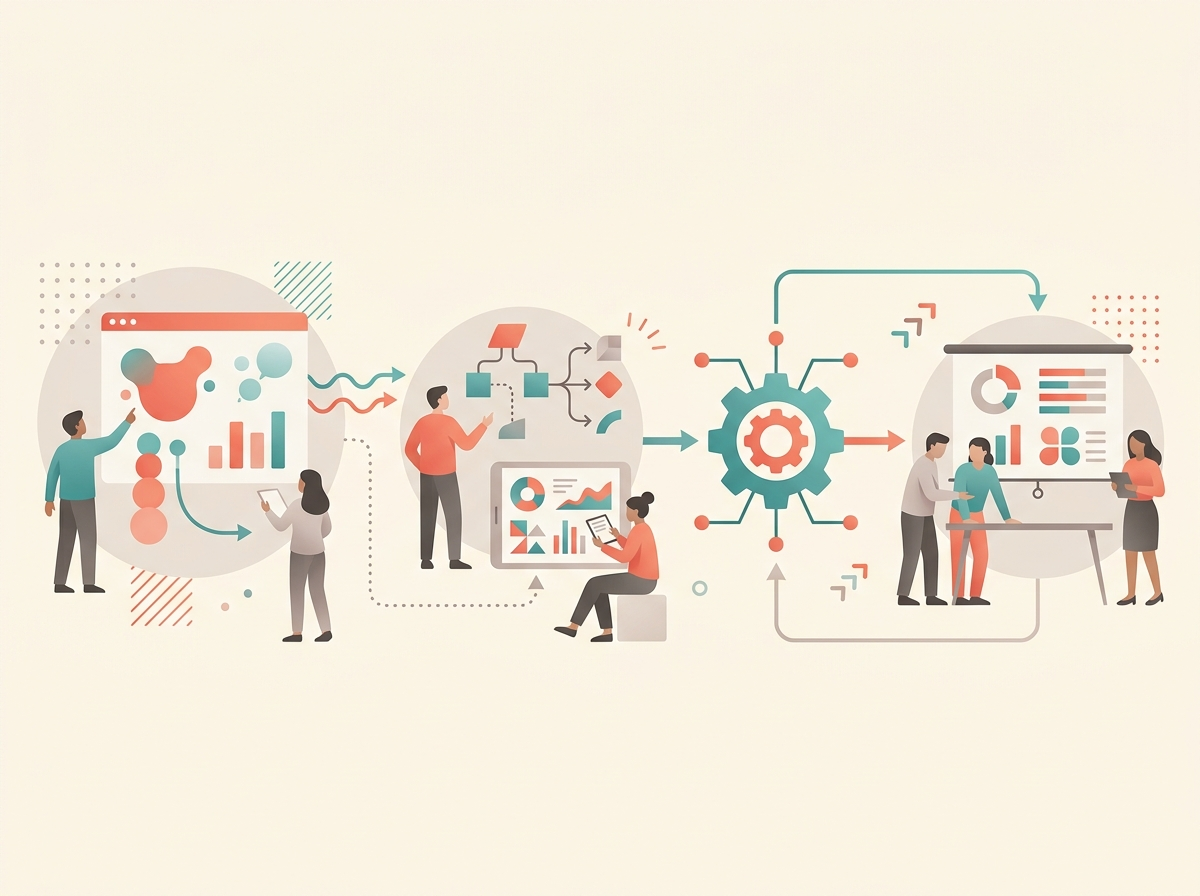 Illustration of Where AI fits in the forecasting and budgeting workflow using abstract business and technology symbols.