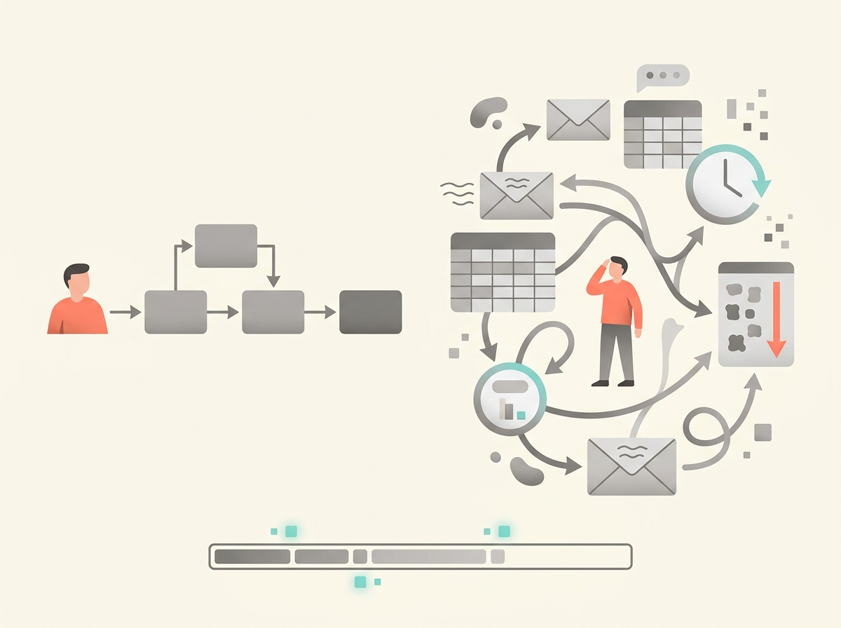 Illustration of Process mining and task mining: finding what to automate using abstract business and technology symbols.