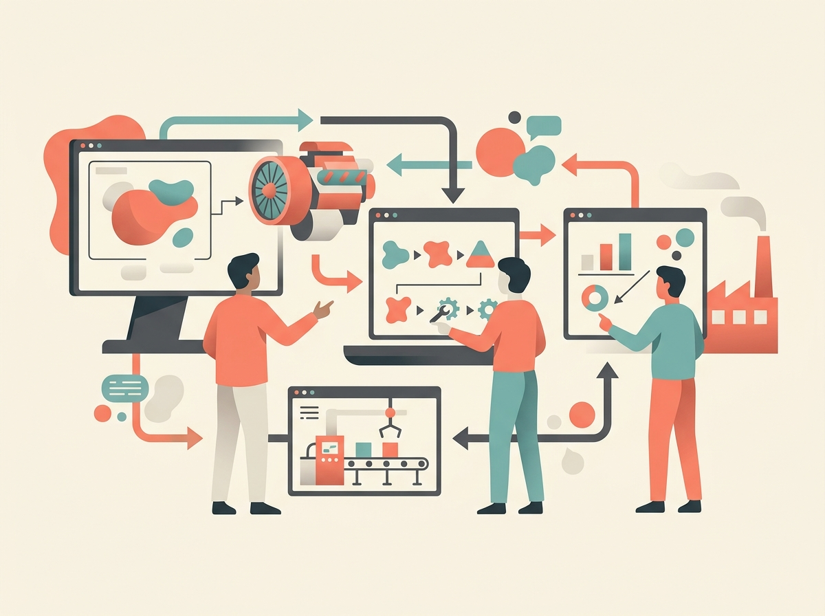 Illustration of AI in digital twins and manufacturing planning using abstract business and technology symbols.