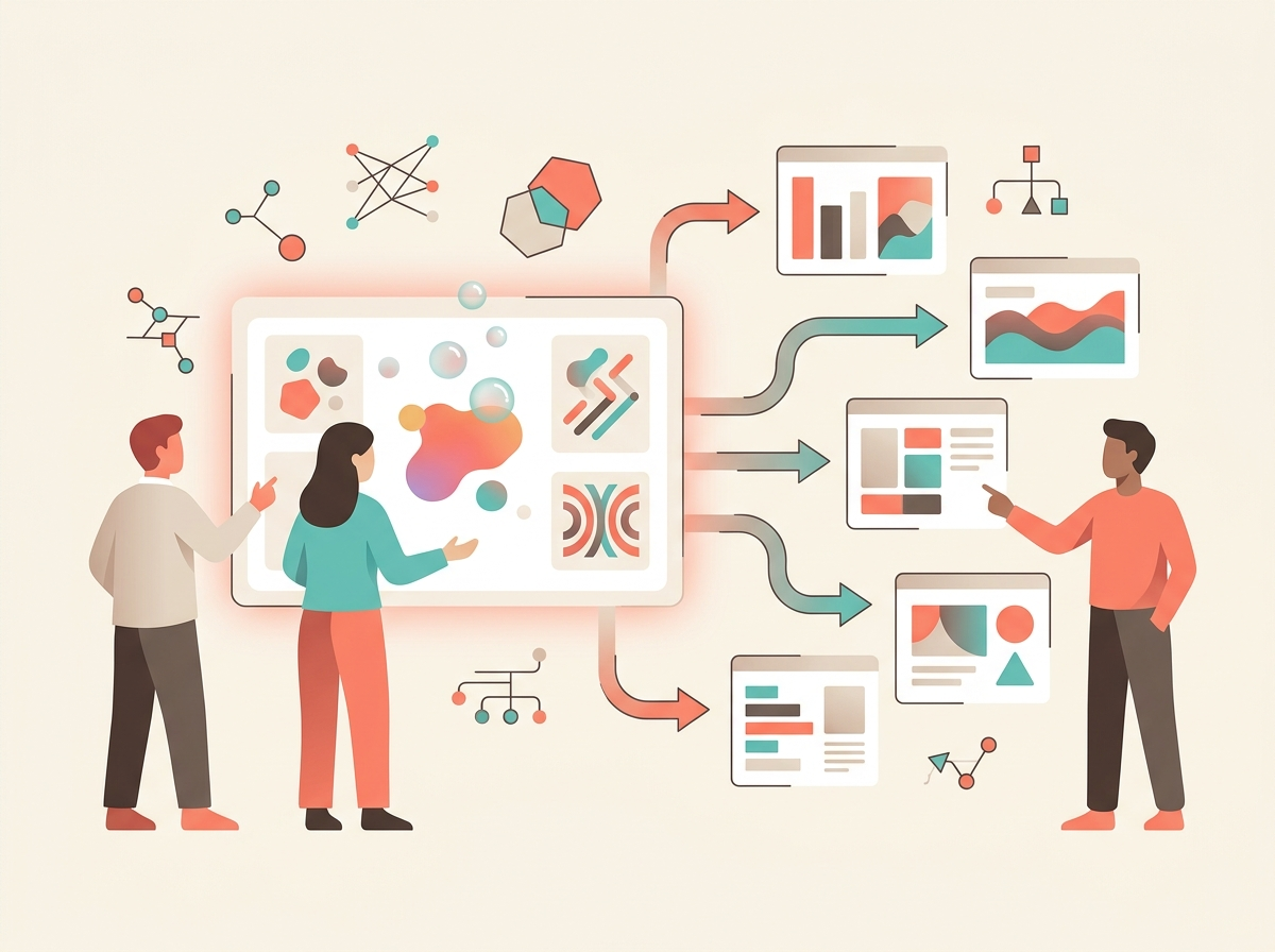 Illustration of AI in idea generation and concept design using abstract business and technology symbols.