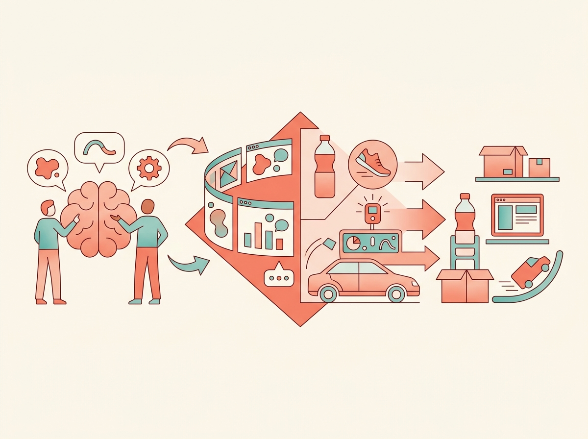 Illustration of What “product design and development” means using abstract business and technology symbols.